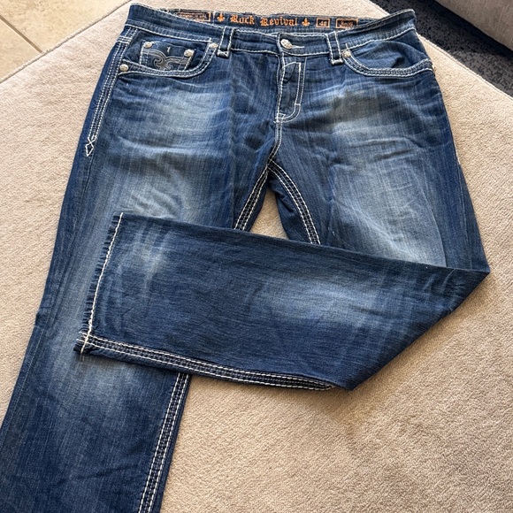 Rock Revival Men's Relaxed Jeans in Distressed Blue Wash